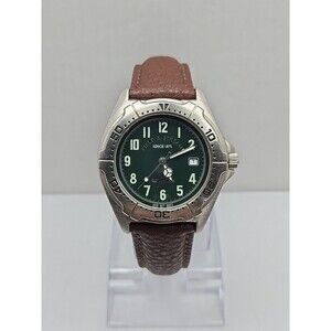Field And Stream Mens Quartz Green Dial Date 50M Watch New Battery Leather Strap